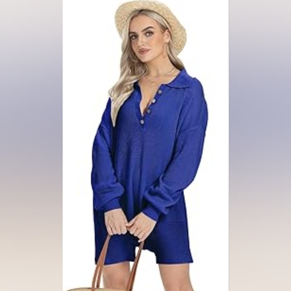 Sweater Romper One Piece Jumpsuit Button Casual Knit Long Sleeve Short Outfit - Picture 2 of 6